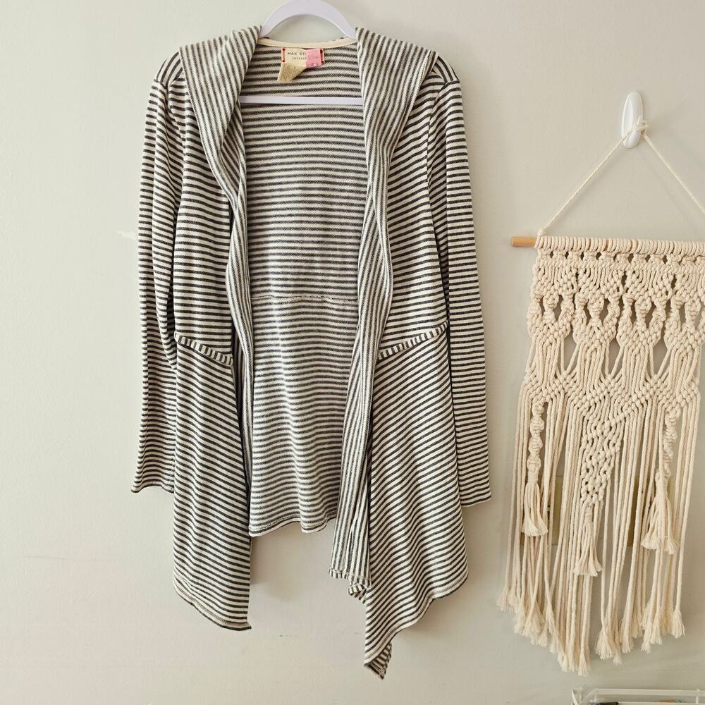 Max Studio Weekend Striped Sharkbite Hooded Open Front Cardigan Black Size